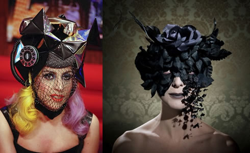 At left, Lady Gaga's Telephone Hat by Piers Atkinson, at right a hat from 